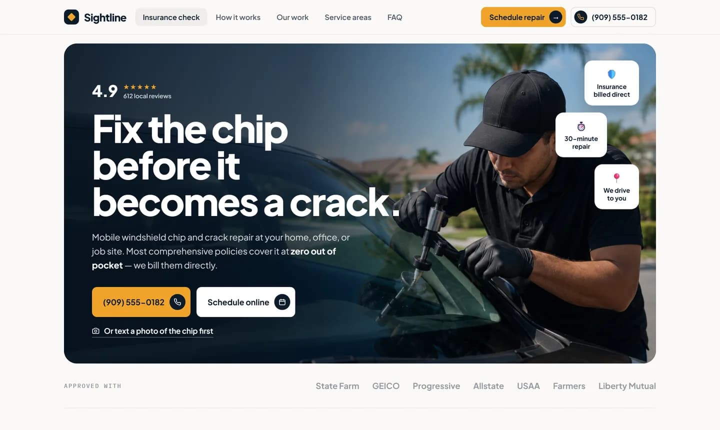 Sample build for a fictional company, Sightline Auto Glass — a mobile windshield repair technician working on a chipped windscreen, headlined “Fix the chip before it becomes a crack.”